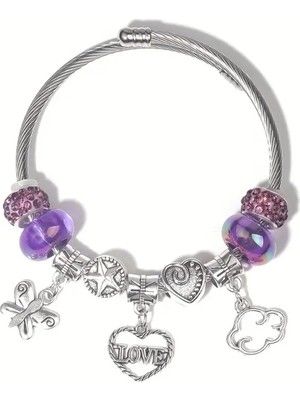 Takantakana Pandora Tarz Gümüş Charm Bileklik Mor Aşk Crystal Ametist Love Kalp