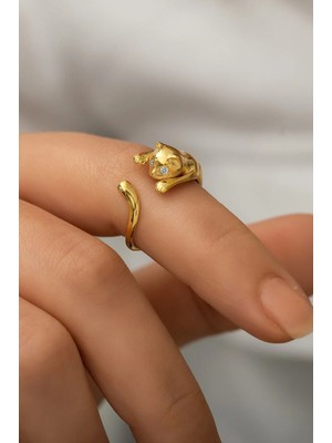 14 Ayar Altın Kaplama Papatya Silver Zirkon Taşlı Ayarlanabilir Kedi Yüzük