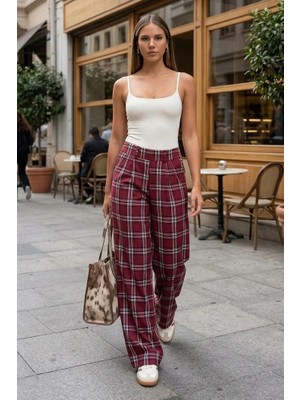 Madmext Bordo Kare Desenli Rahat Kesim Pantolon MG2728