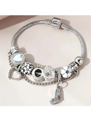 Takantakana Pandora Tarz Gümüş Charm Bileklik Crystal Stiletto Kraliçe Quenn Aşk