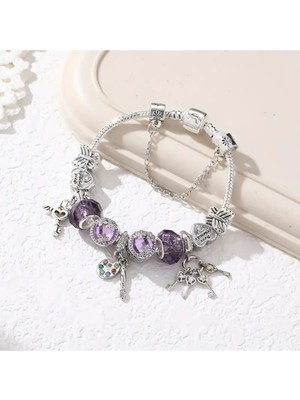 Takantakana Pandora Tarz Gümüş Charm Bileklik Best Friends Ametist Crystal Mor