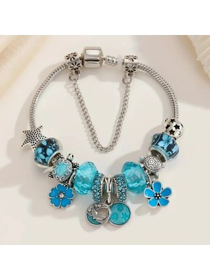 Takantakana Pandora Tarz Gümüş Charm Bileklik Mavi Okyanus Temalı Blue Kalp