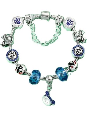 Takantakana Pandora Tarz Gümüş Charm Bileklik Mavi Mickey ve Minnie