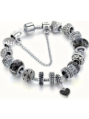 Takantakana Pandora Tarz Gümüş Charm Bileklik Tarz Siyah Crystal Aşk Kalp