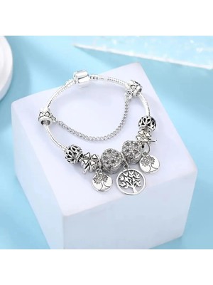 Takantakana Pandora Tarz Gümüş Charm Bileklik Wishes Crystal Hayat Ağacı Şans Aşk Kalp