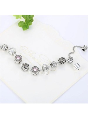 Takantakana Pandora Tarz Gümüş Charm Bileklik Kadın Pembe Gümüş Ahşap Kutuda Pink Crystal