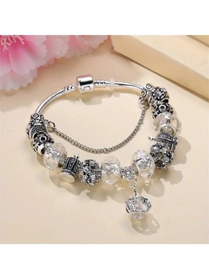 Takantakana Pandora Tarz Gümüş Charm Bileklik Crystal Beyaz Taç Quenn Kalp