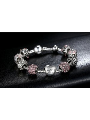 Takantakana Pandora Tarz Gümüş Charm Bileklik Pembe Yeni 3 Dilde Aşk Temalı Charm Bileklik