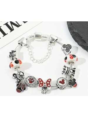 Takantakana Pandora Tarz Gümüş Charm Bileklik Disney Mickey Minnie Mouse Temalı