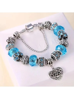 Takantakana Pandora Tarz Gümüş Charm Bileklik Mavi Otantik Taşlı Crystal Kalp