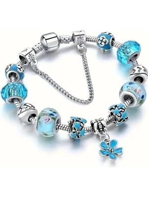 Takantakana Pandora Tarz Gümüş Charm Bileklik Mavi Crystal Kalp Charmlı Aşk