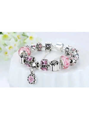 Takantakana Pandora Tarz Gümüş Charm Bileklik Collectios Charm Bileklik Pembe Charmlı