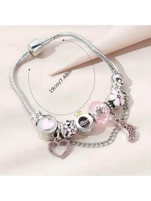 Takantakana Pandora Tarz Gümüş Charm Bileklik Pembe Şık Stiletto Crystal