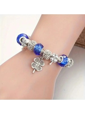 Takantakana Pandora Tarz Gümüş Charm Bileklik Mavi Crystal Şans Yonca Aşk