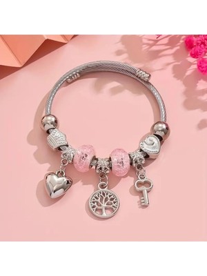 Takantakana Pandora Tarz Gümüş Charm Bileklik Pembe Hayat Ağacı Crystal Kalp Aşk