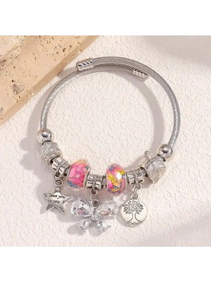 Takantakana Pandora Tarz Gümüş Charm Bileklik Şans Kelebek Pembe Hayat Ağacı Kalp