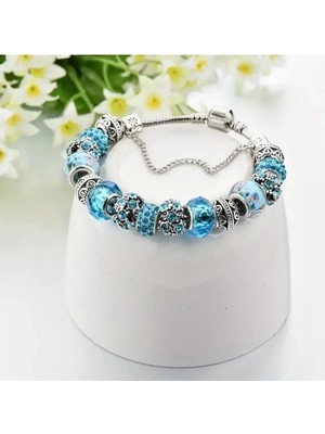 Takantakana Pandora Tarz Gümüş Charm Bileklik Baby Blue Crystal Mavi Aşk
