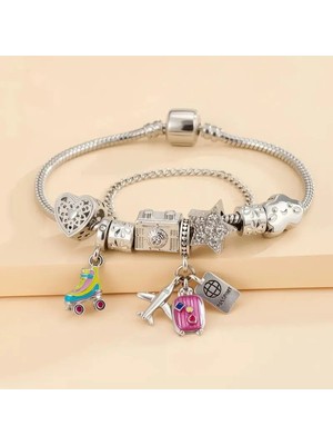 Takantakana Pandora Tarz Gümüş Charm Bileklik Eyfer Kulesi Para Paten Seyahat