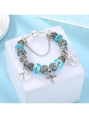Takantakana Pandora Tarz Gümüş Charm Bileklik Crystal Mavi Kalp Charmlı Aşk