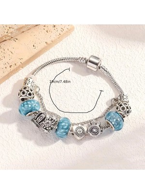 Takantakana Pandora Tarz Gümüş Charm Bileklik Mavi Pembe Crystal