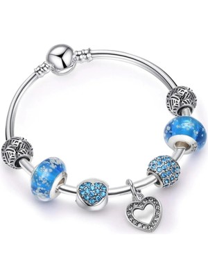 Takantakana Pandora Tarz Gümüş Charm Bileklik Açık Mavi Model Charmlı Bangle Bileklik