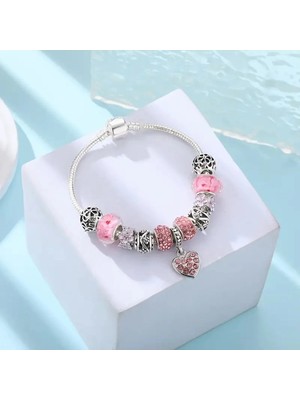 Takantakana Pandora Tarz Gümüş Charm Bileklik Pink Crystal Kalp Taşlı Aşk