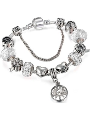 Takantakana Pandora Tarz Gümüş Charm Bileklik Beyaz Taşlı Love Hayat Ağacı 3 Renk
