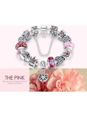 Takantakana Pandora Tarz Gümüş Charm Bileklik Pembe Charm Bileklik
