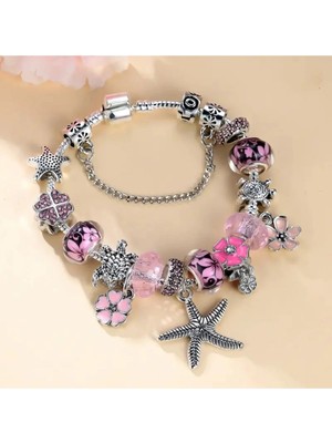 Takantakana Pandora Tarz Gümüş Charm Bileklik Crystal Pembe Star Çiçek Aşk
