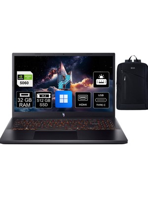 Acer Nitro V 15 ANV15-52 Intel Core I7 13620H 32GB Ram 512GB SSD RTX5060 Windows 11 Pro 15.6'' 165Hz Taşınabilir Bilgisayar NH.QZ8EY.002 +Boz Çanta