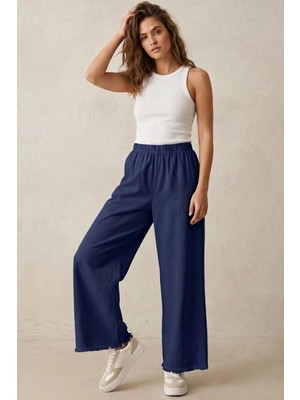 Modestim Kadın Lacivert Beli Lastik Özel Yıkamalı Kumaş  Paçaları Püsküllü Geniş Paça Tesettür Pantolon