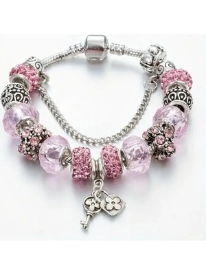 Takantakana Pandora Tarz Gümüş Charm Bileklik Pembe Crystal Şık Kalp