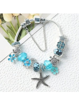 Takantakana Pandora Tarz Gümüş Charm Bileklik Baby Blue Crystal Mavi Aşk