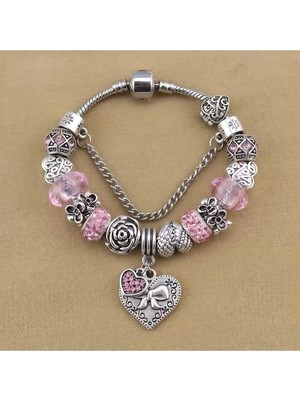Takantakana Pandora Tarz Gümüş Charm Bileklik Kalp Love Amor Crystal
