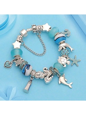 Takantakana Pandora Tarz Gümüş Charm Bileklik Blue Marina Crystal Deniz Aşk