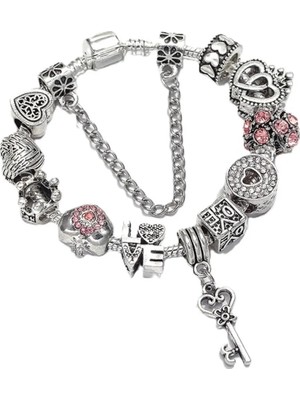 Takantakana Pandora Tarz Gümüş Charm Bileklik Kalbin Anahtarı Love Amor Crystal