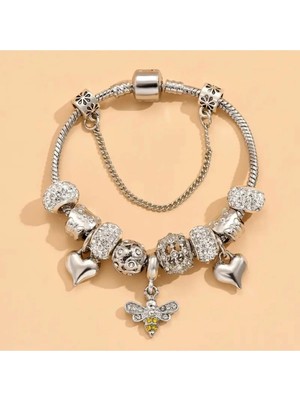 Takantakana Pandora Tarz Gümüş Charm Bileklik Crystal Şans Arı Kalp Charmlı Aşk