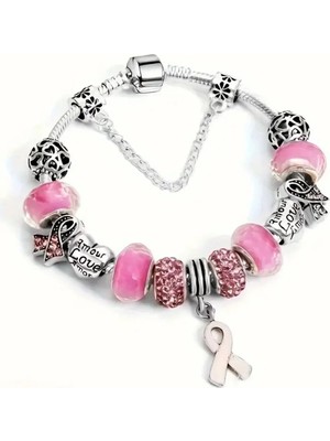Takantakana Pandora Tarz Gümüş Charm Bileklik Pembe Love Amor Crystal Aşk Kalp