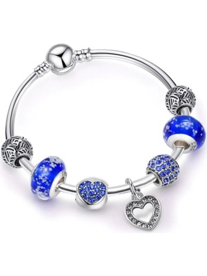 Takantakana Pandora Tarz Gümüş Charm Bileklik Mavi Model Charmlı Bangle Bileklik