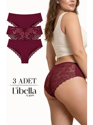 Libella İç Giyim Yeni Sezon Premium Büyük Beden Dantelli Tüy Detaylı Şık Brezilya Külot Bordo 3'lü Paket