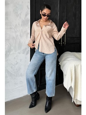 Madmext Bej Çizgili Cepli  Kadın Gömlek MG2345