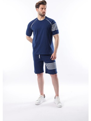 Madmext Lacivert Baskılı Reglan Kol Erkek Şort T-Shirt Takımı E7306