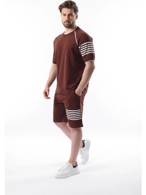 Madmext Acı Kahve Baskılı Reglan Kol Erkek Şort T-Shirt Takımı E7306