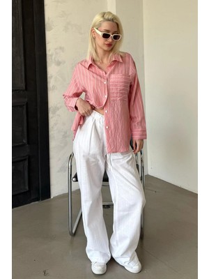 Madmext Pembe Çizgili Cepli Kadın Gömlek MG2345