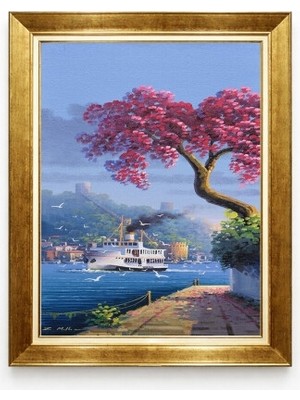 Tablore Istanbul Boğazı Erguvan Ağacı Kanvas Tablo Gold Çerçeveli Şehir Manzaralı Duvar Tablosu