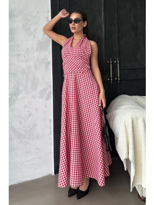 Madmext Kırmızı Ekoseli Midi Boy Kadın Elbise MG2350