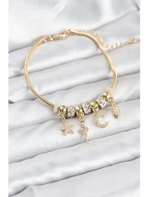 Renas Store Pirinç Gold Renk Yılan Charmlı Kadın Bileklik
