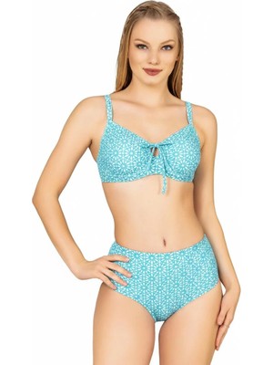Endeep Kadın Balenli Destekli Büyük Beden Açık Mavi Yüksek Bel Bikini Takımı