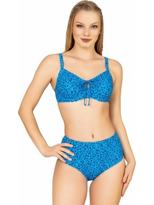 Endeep Kadın Balenli Destekli Büyük Beden Mavi Yüksek Bel Bikini Takımı