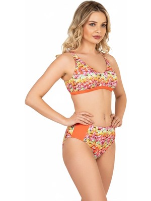 Endeep Beria Kadın Turuncu Desenli Toparlayıcı Askılı Bikini Takımı